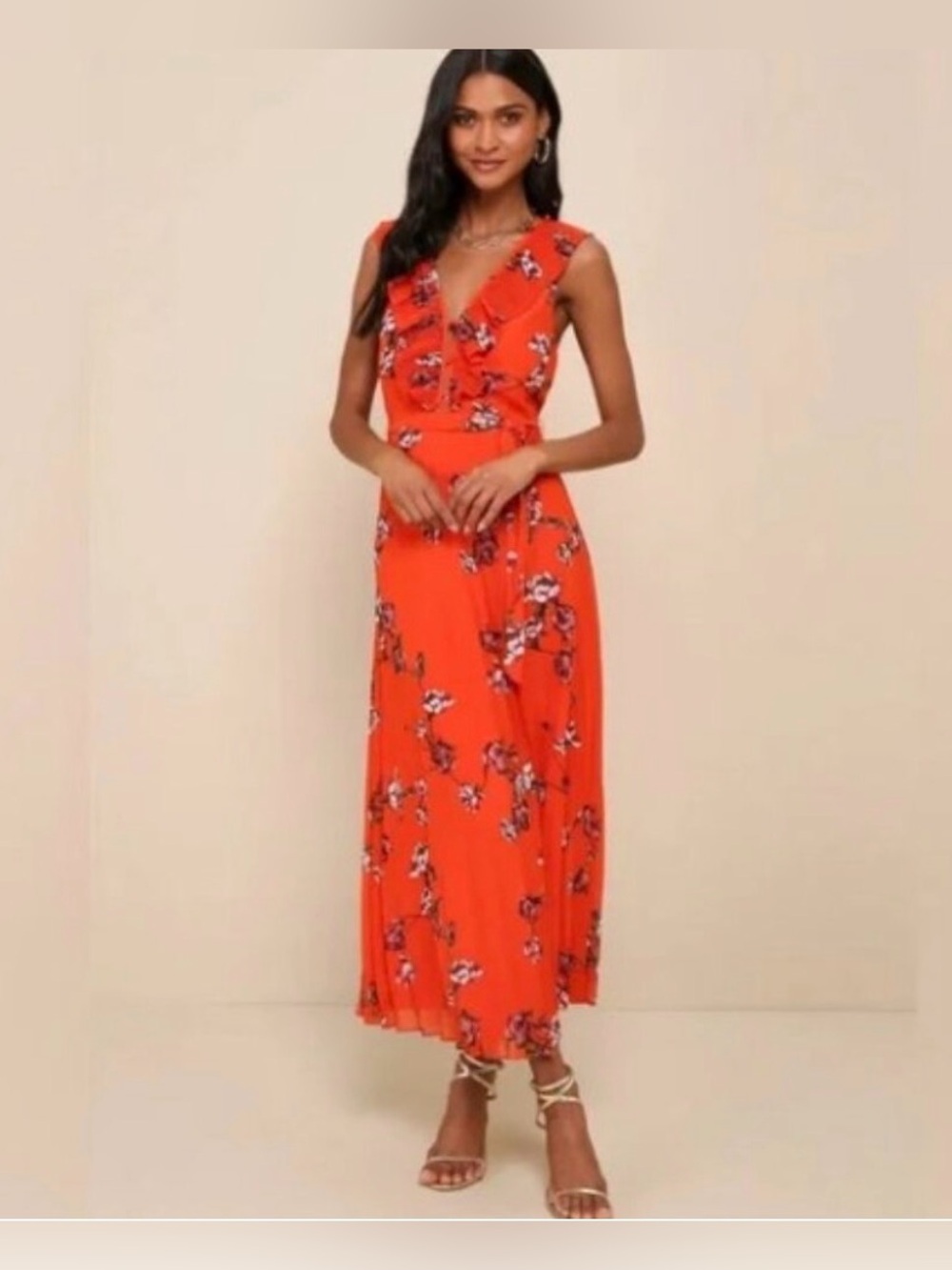 Lulus "Loved By You" Red Orange Floral Pleated Maxi Dress - Size XS